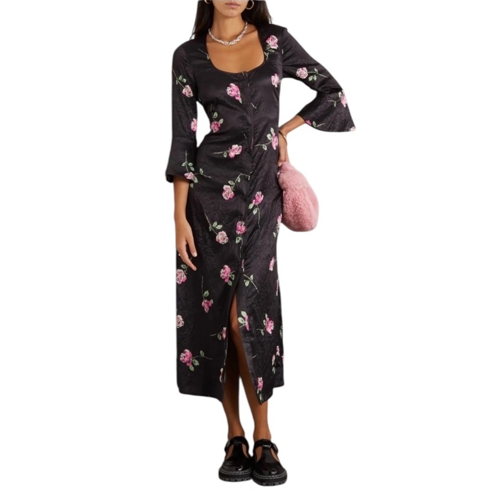 GANNI NWT
Floral-print crinkled-satin midi dress in Sz S
